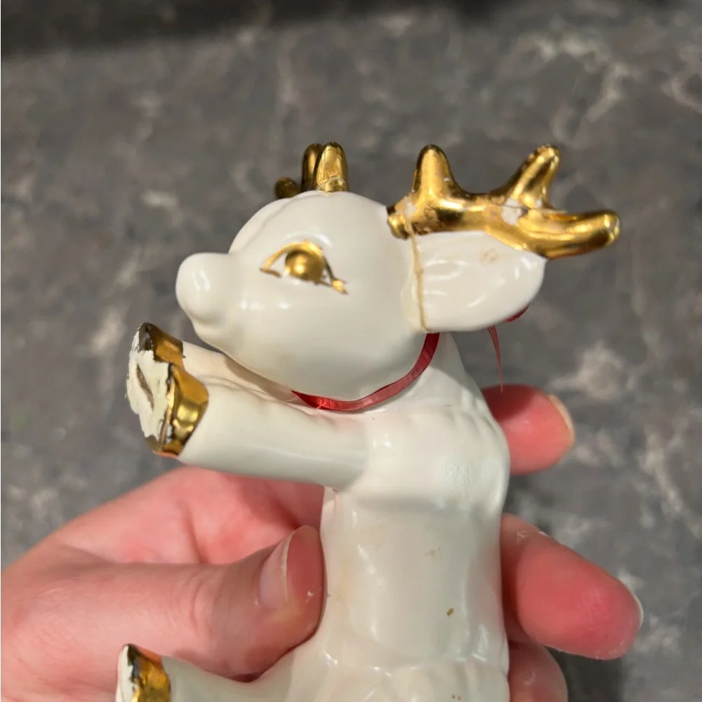 ❗️Winter/ Christmas/ Holiday White and Gold Ceramic Baby Reindeer Figurine